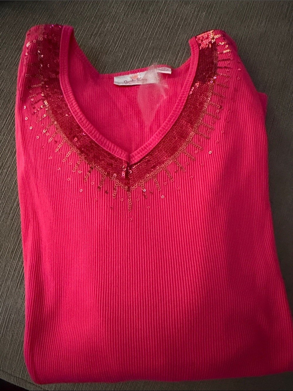 Bright Pink Sequin-Embellished V-Neck Womens Top Quacker Factory size XL